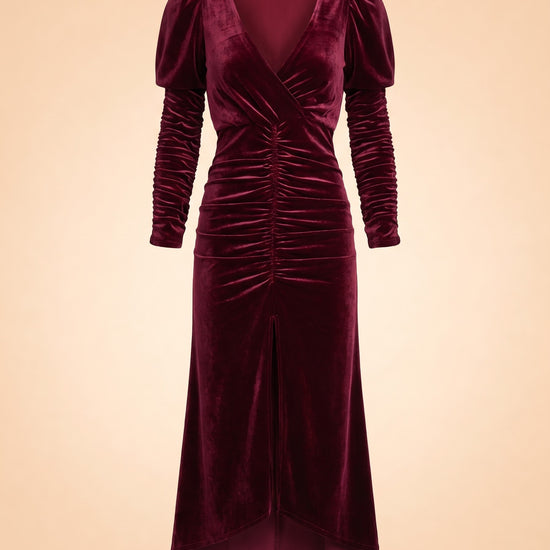 Red Velvet Alicia Gown with Puff Sleeves ghost_front