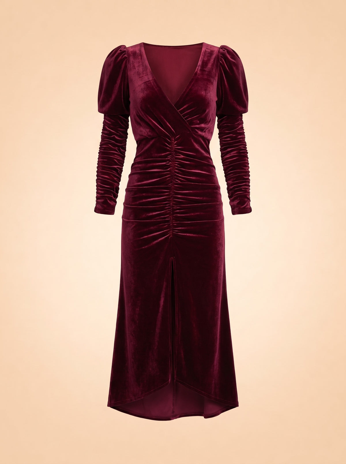 Red Velvet Alicia Gown with Puff Sleeves ghost_front