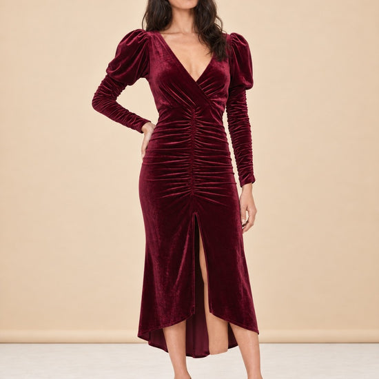 Red Velvet Alicia Gown with Puff Sleeves model_front_2