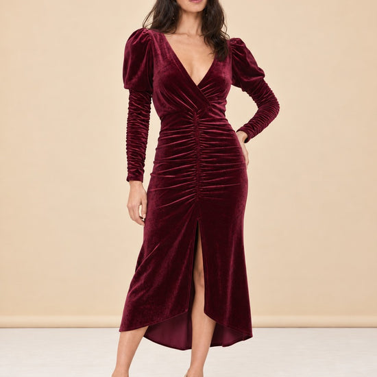 Red Velvet Alicia Gown with Puff Sleeves model_front_3