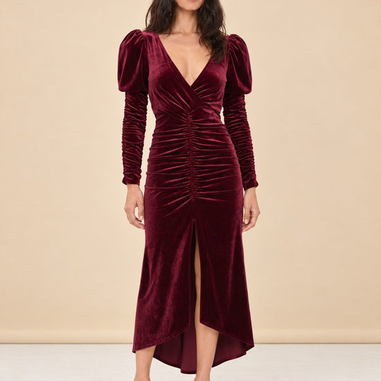 Red Velvet Alicia Gown with Puff Sleeves model_front