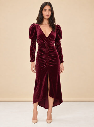 Red Velvet Alicia Gown with Puff Sleeves model_front