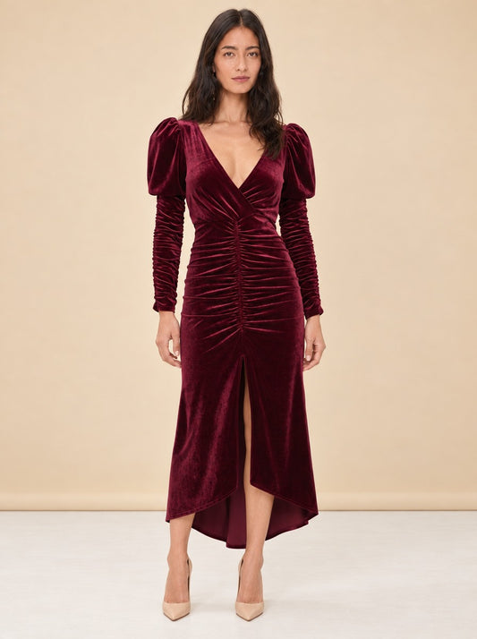 Red Velvet Alicia Gown with Puff Sleeves model_front