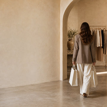 Woman walking through a boutique carrying shopping bags