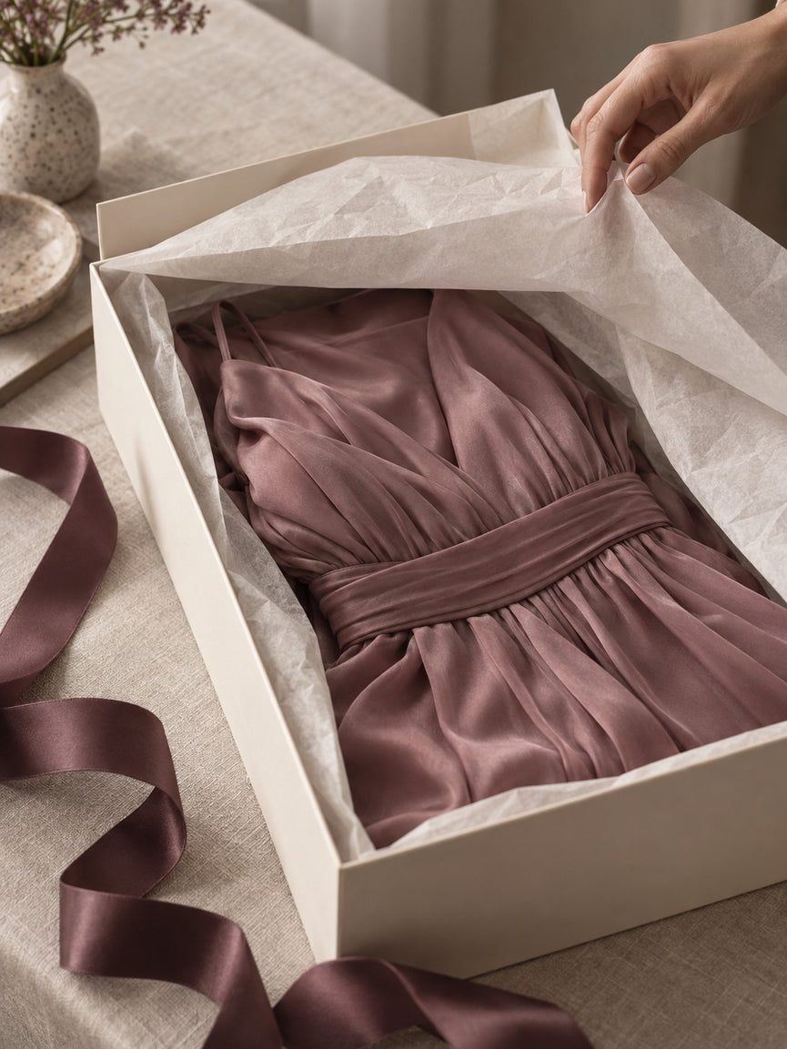 A mauve silk dress folded in tissue paper inside an open ivory box, a hand lifting the paper back