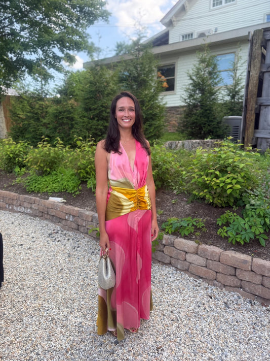 Rent with Rêve customer in a pink and gold gown