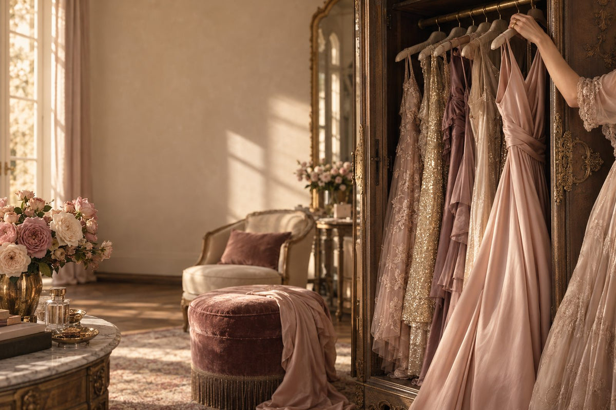 A hand lifting a blush silk dress from a curator's antique armoire of occasion pieces