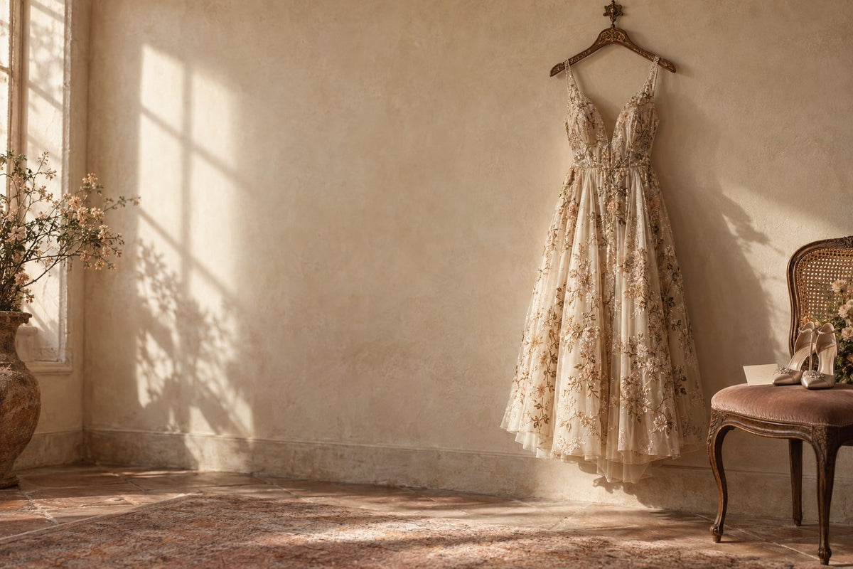 An embroidered ivory and champagne occasion gown hanging alone against a warm plaster wall