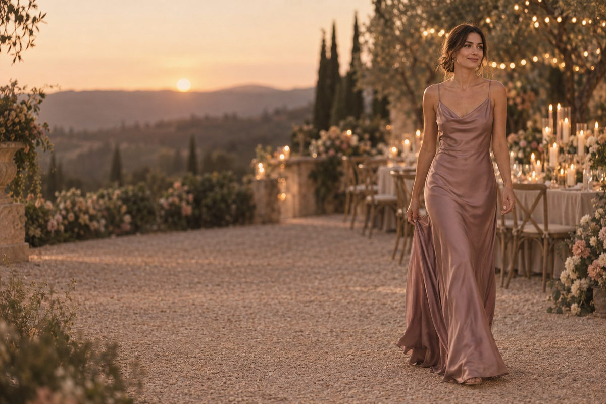 A woman in a dusty-mauve silk gown walking through a candlelit garden wedding at golden hour