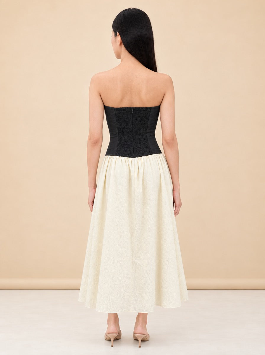 Sant Roc Strapless Cloqué Midi Dress — model back