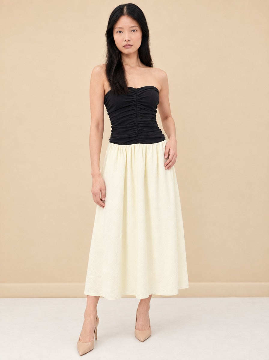 Sant Roc Strapless Cloqué Midi Dress — model front