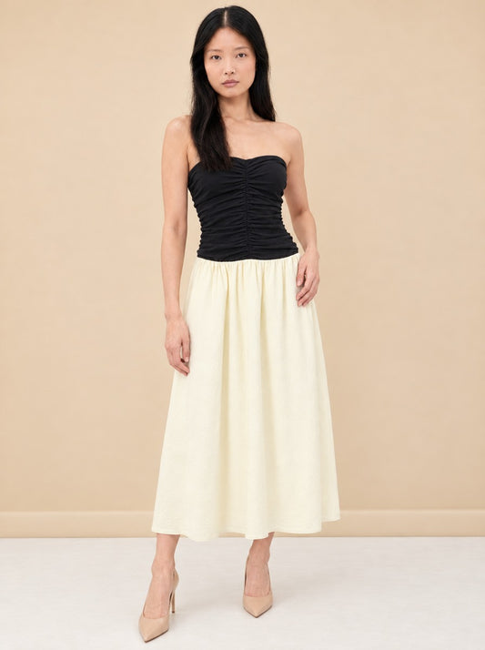 Sant Roc Strapless Cloqué Midi Dress — model front