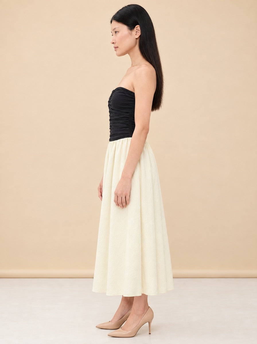 Sant Roc Strapless Cloqué Midi Dress — model side