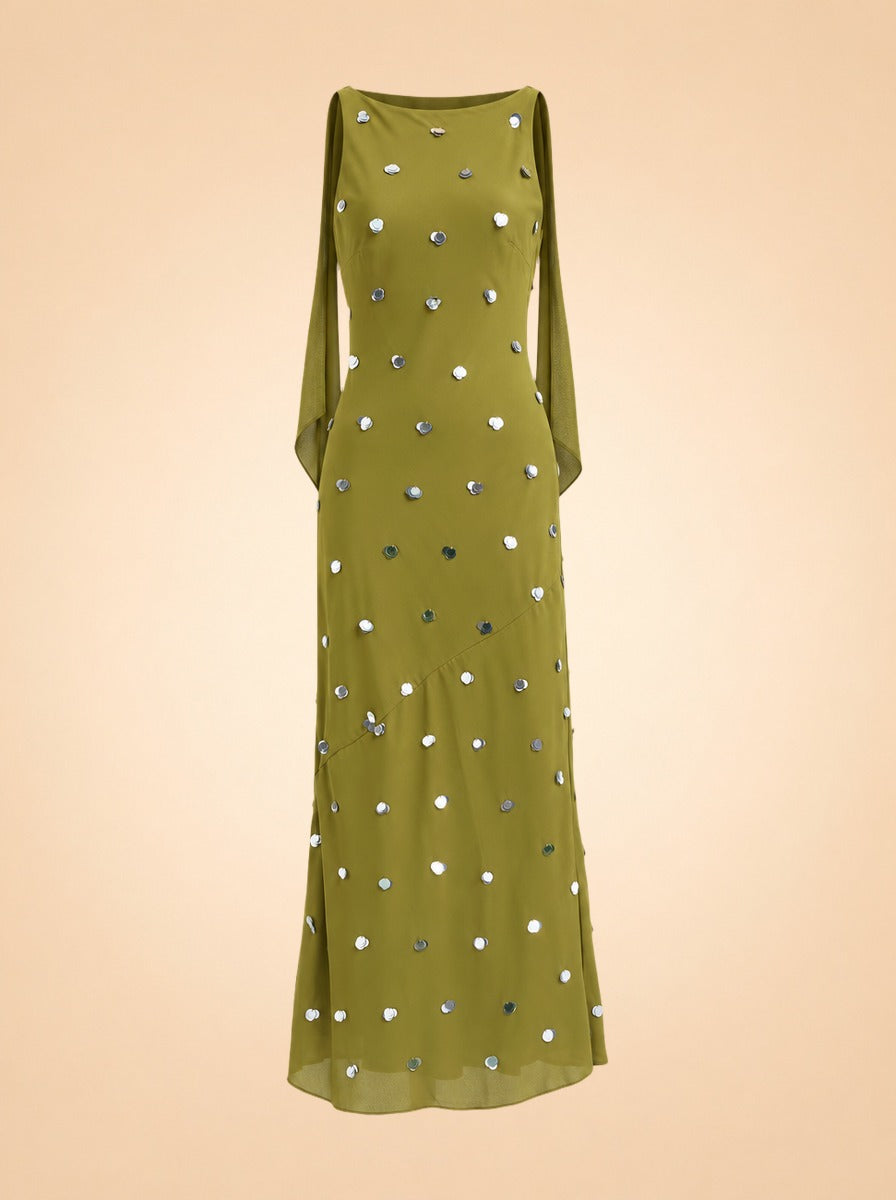Elina Paillette Cowl-Back Maxi Dress — ghost front