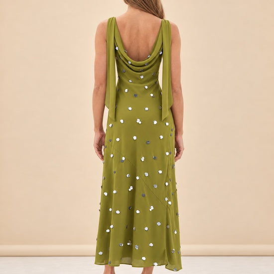 Elina Paillette Cowl-Back Maxi Dress — model back