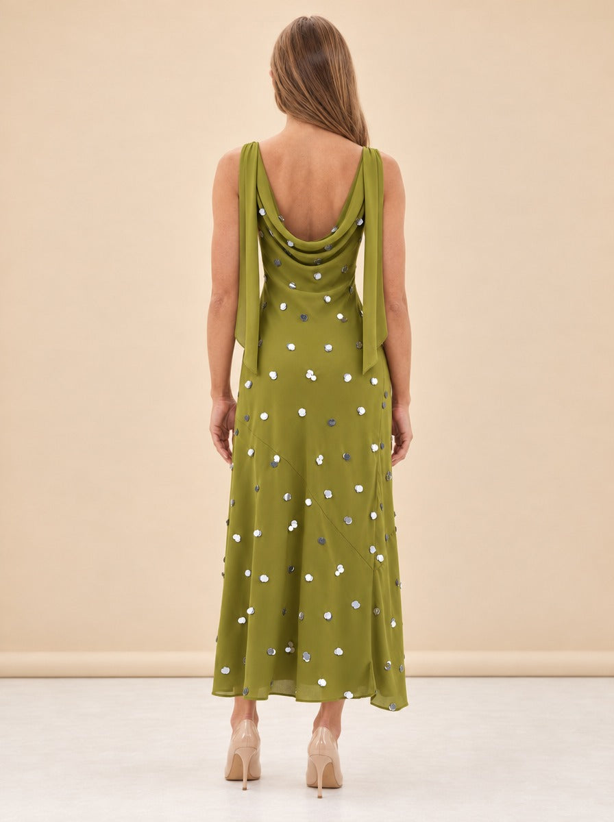 Elina Paillette Cowl-Back Maxi Dress — model back