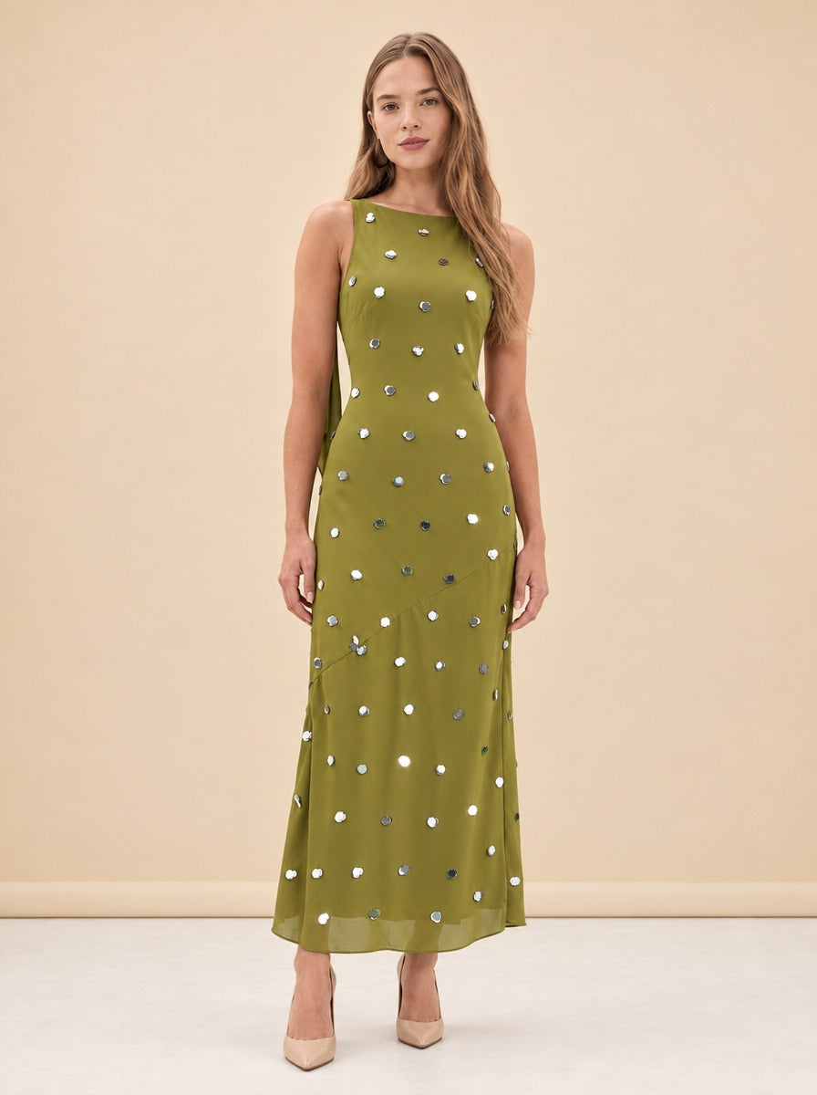 Elina Paillette Cowl-Back Maxi Dress — model front