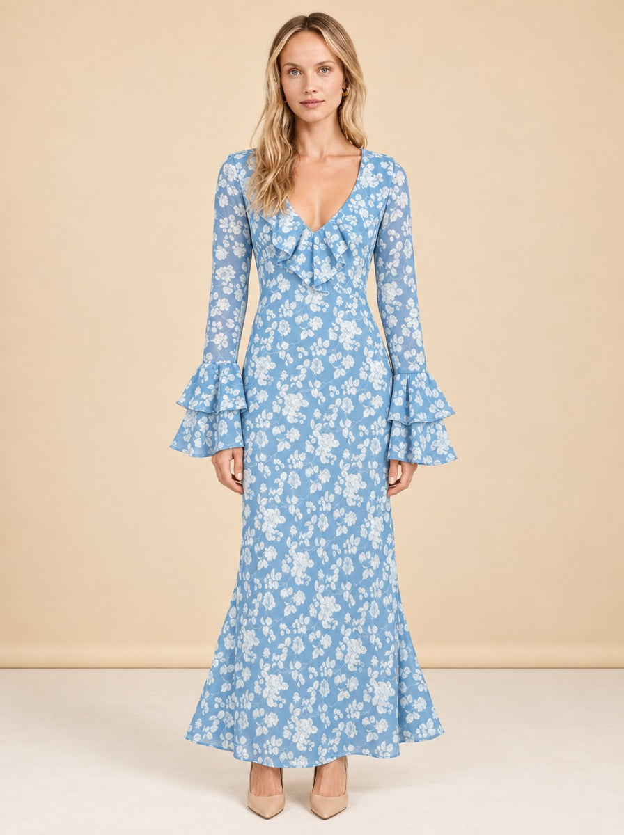 OTM Exclusive: Shellona Dress in Blue Floral model_front