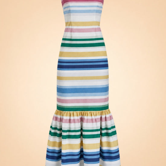 Sofa Stripe Strapless Ruffle-Hem Midi Dress — ghost front