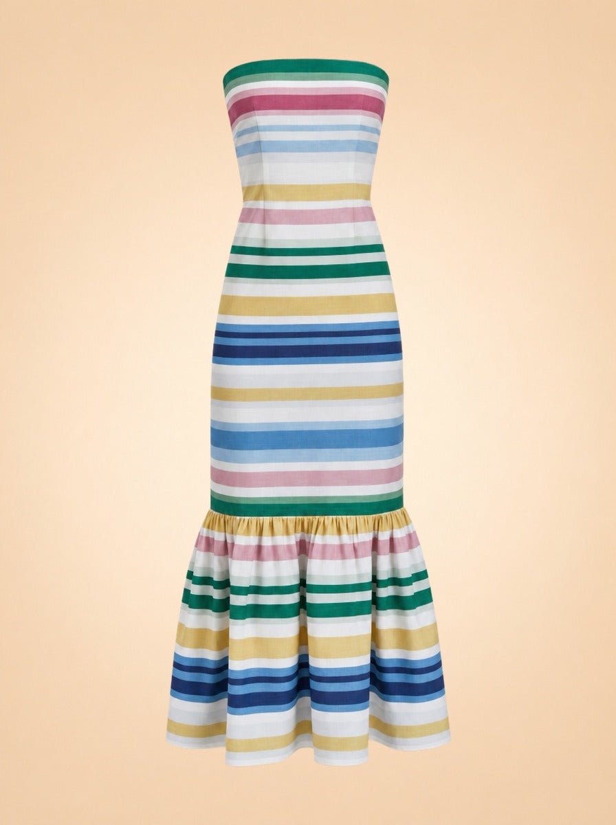 Sofa Stripe Strapless Ruffle-Hem Midi Dress — ghost front