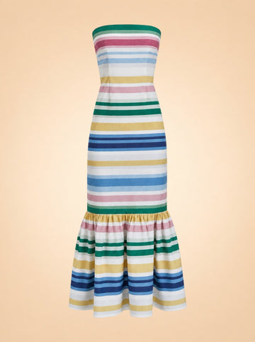 Sofa Stripe Strapless Ruffle-Hem Midi Dress — ghost front