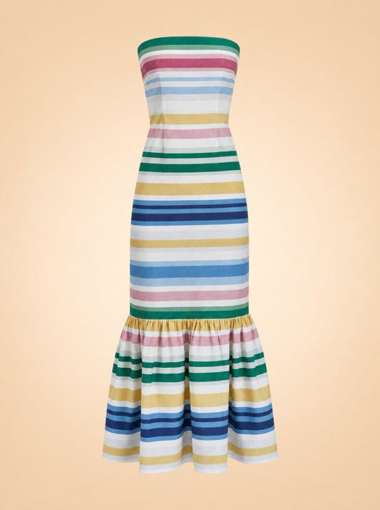 Sofa Stripe Strapless Ruffle-Hem Midi Dress — ghost front