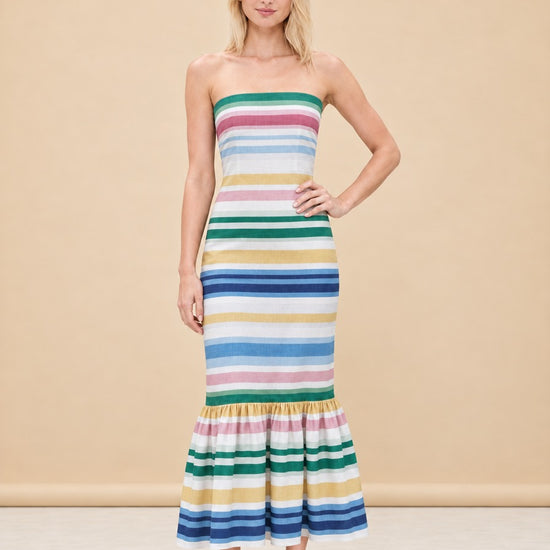 Sofa Stripe Strapless Ruffle-Hem Midi Dress — model front 2
