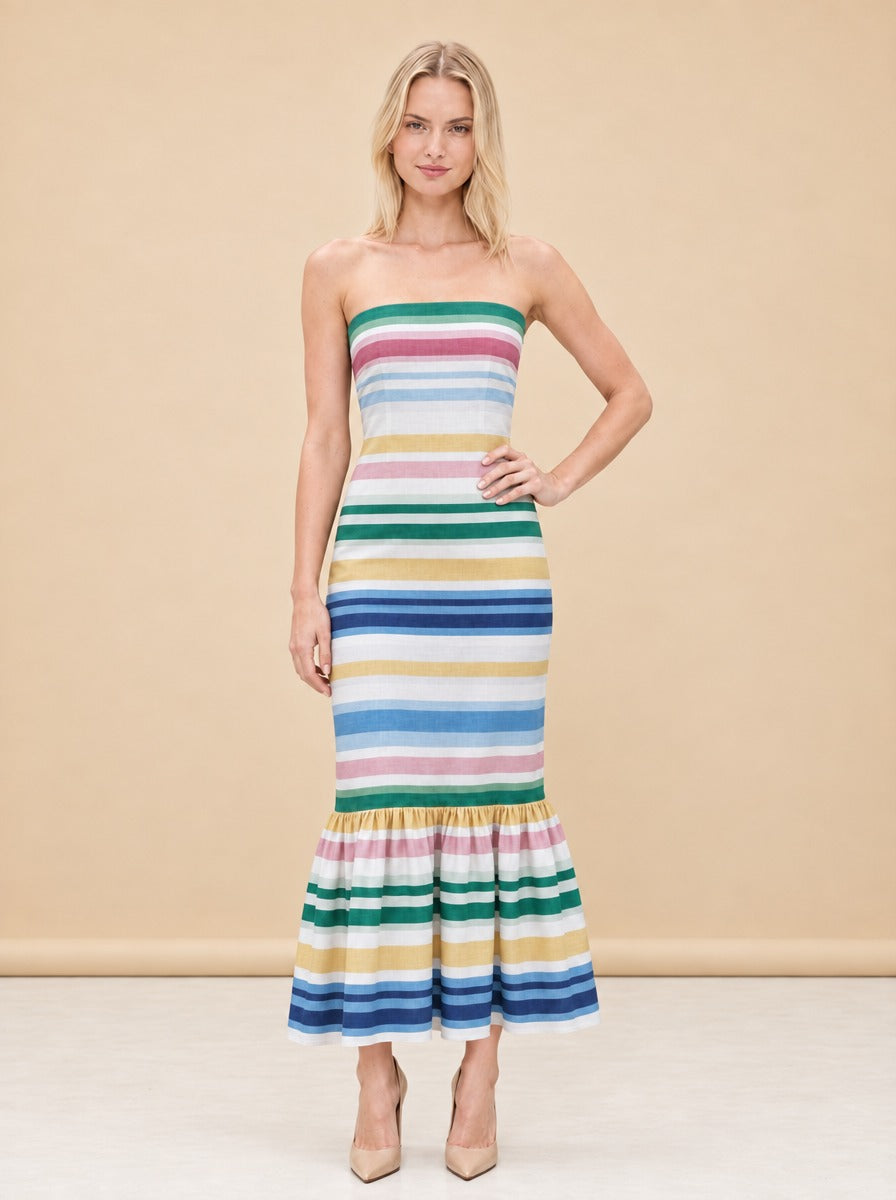 Sofa Stripe Strapless Ruffle-Hem Midi Dress — model front 2