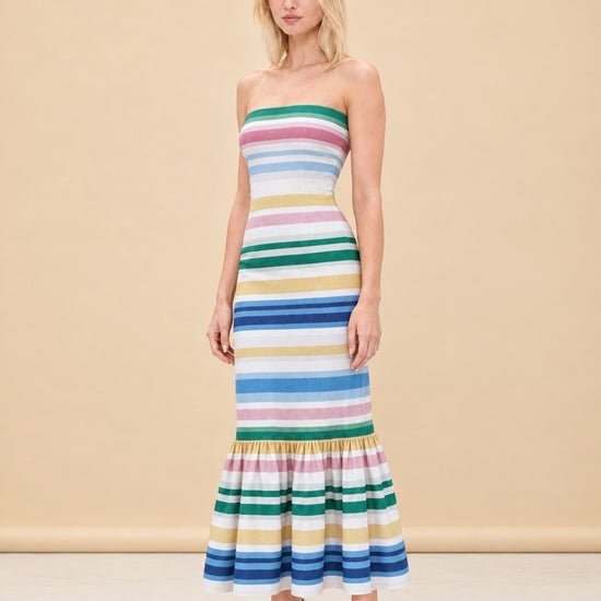 Sofa Stripe Strapless Ruffle-Hem Midi Dress — model front 3