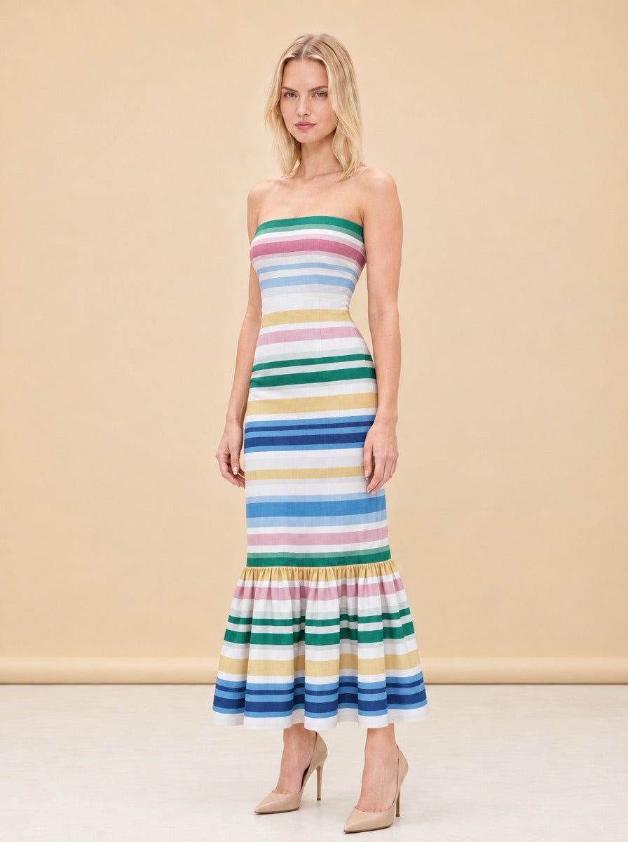 Sofa Stripe Strapless Ruffle-Hem Midi Dress — model front 3
