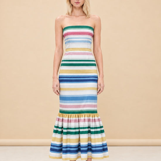 Sofa Stripe Strapless Ruffle-Hem Midi Dress — model front