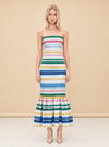 Sofa Stripe Strapless Ruffle-Hem Midi Dress — model front
