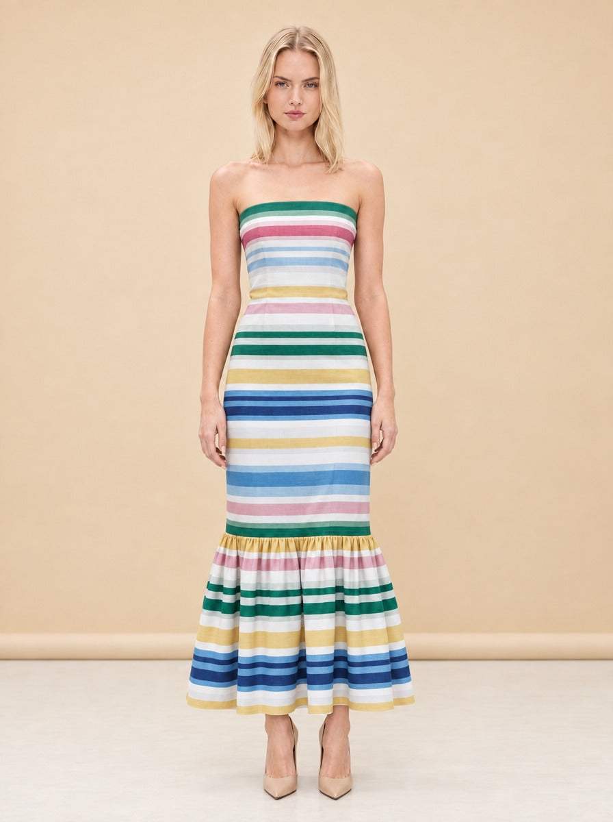 Sofa Stripe Strapless Ruffle-Hem Midi Dress — model front