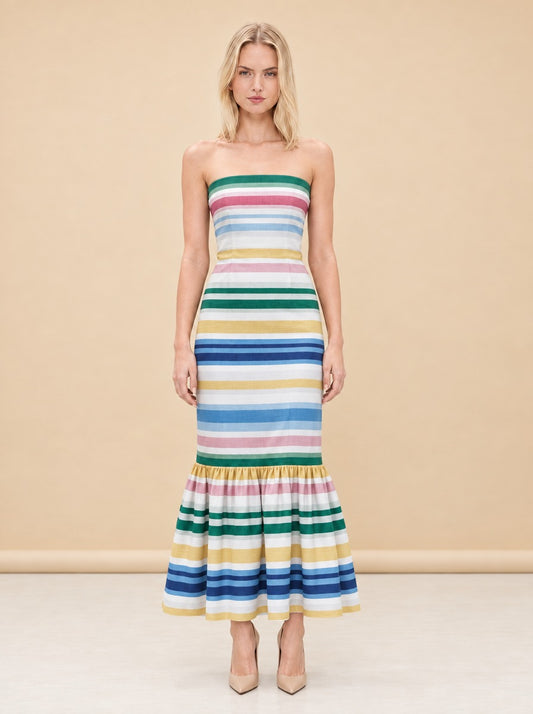 Sofa Stripe Strapless Ruffle-Hem Midi Dress — model front