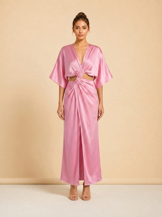 Stevie Pleated Cross-Over Maxi Dress - Pink - front