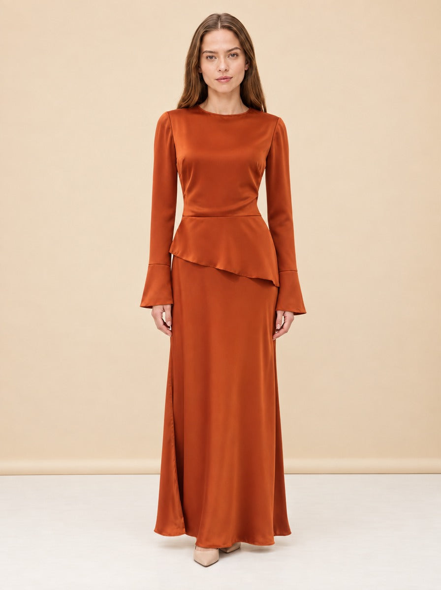 Taylor Satin Peplum Maxi Dress — model front