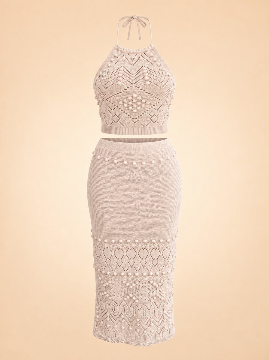 INTERMIX Cream Crochet Halter Top & Midi Skirt Set ghost_front