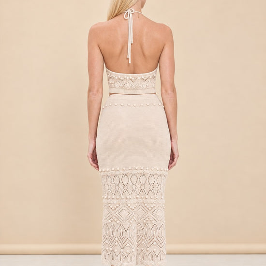 INTERMIX Cream Crochet Halter Top & Midi Skirt Set model_back