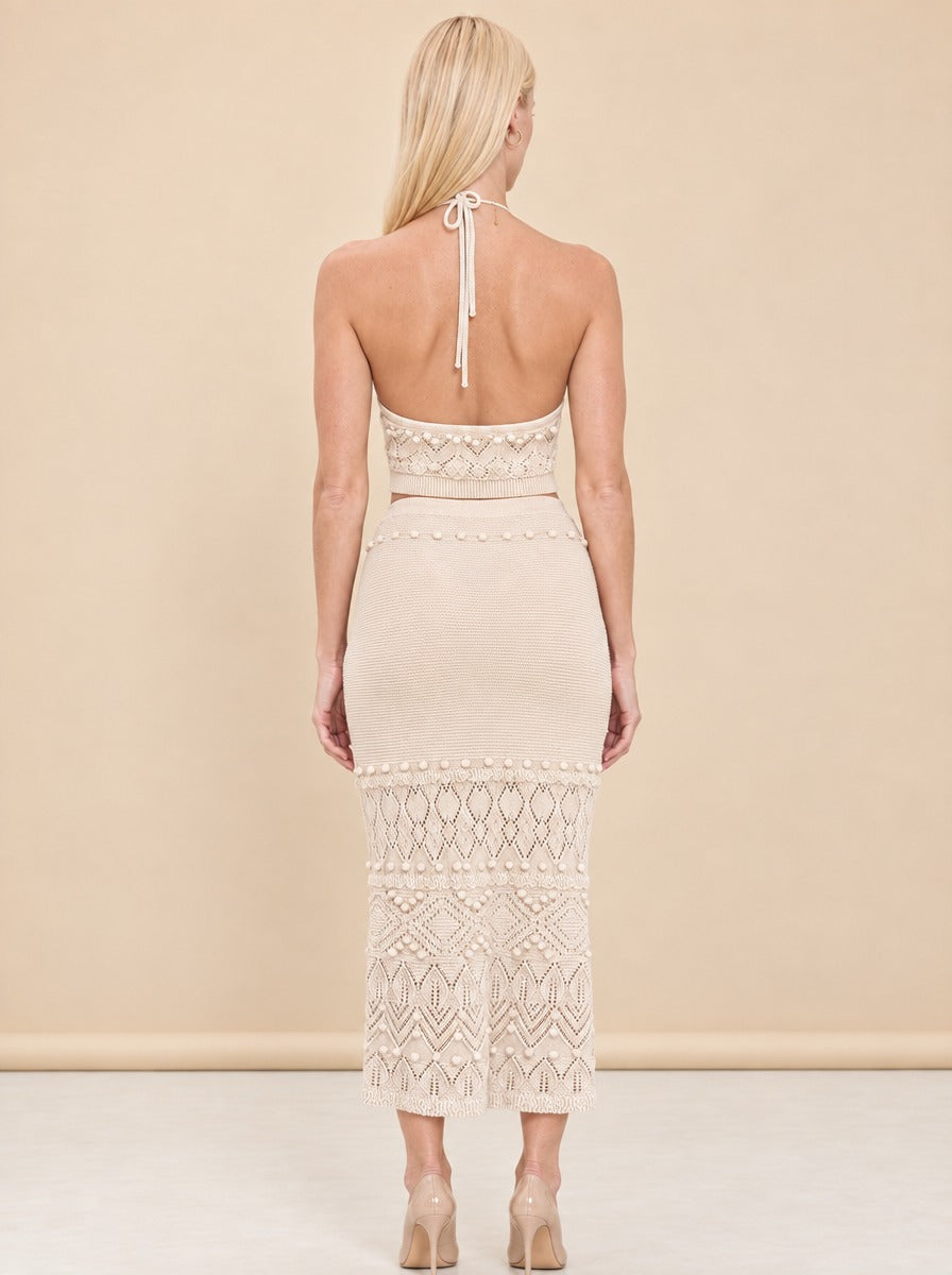 INTERMIX Cream Crochet Halter Top & Midi Skirt Set model_back