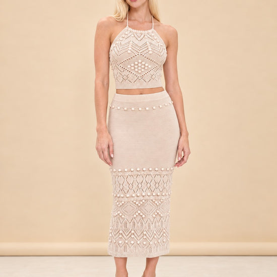 INTERMIX Cream Crochet Halter Top & Midi Skirt Set model_front_2