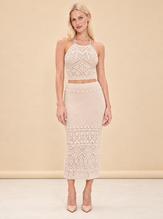 INTERMIX Cream Crochet Halter Top & Midi Skirt Set model_front_2