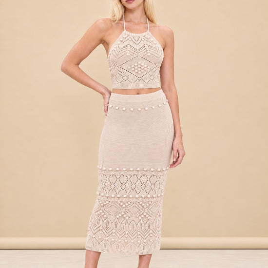 INTERMIX Cream Crochet Halter Top & Midi Skirt Set model_front_3