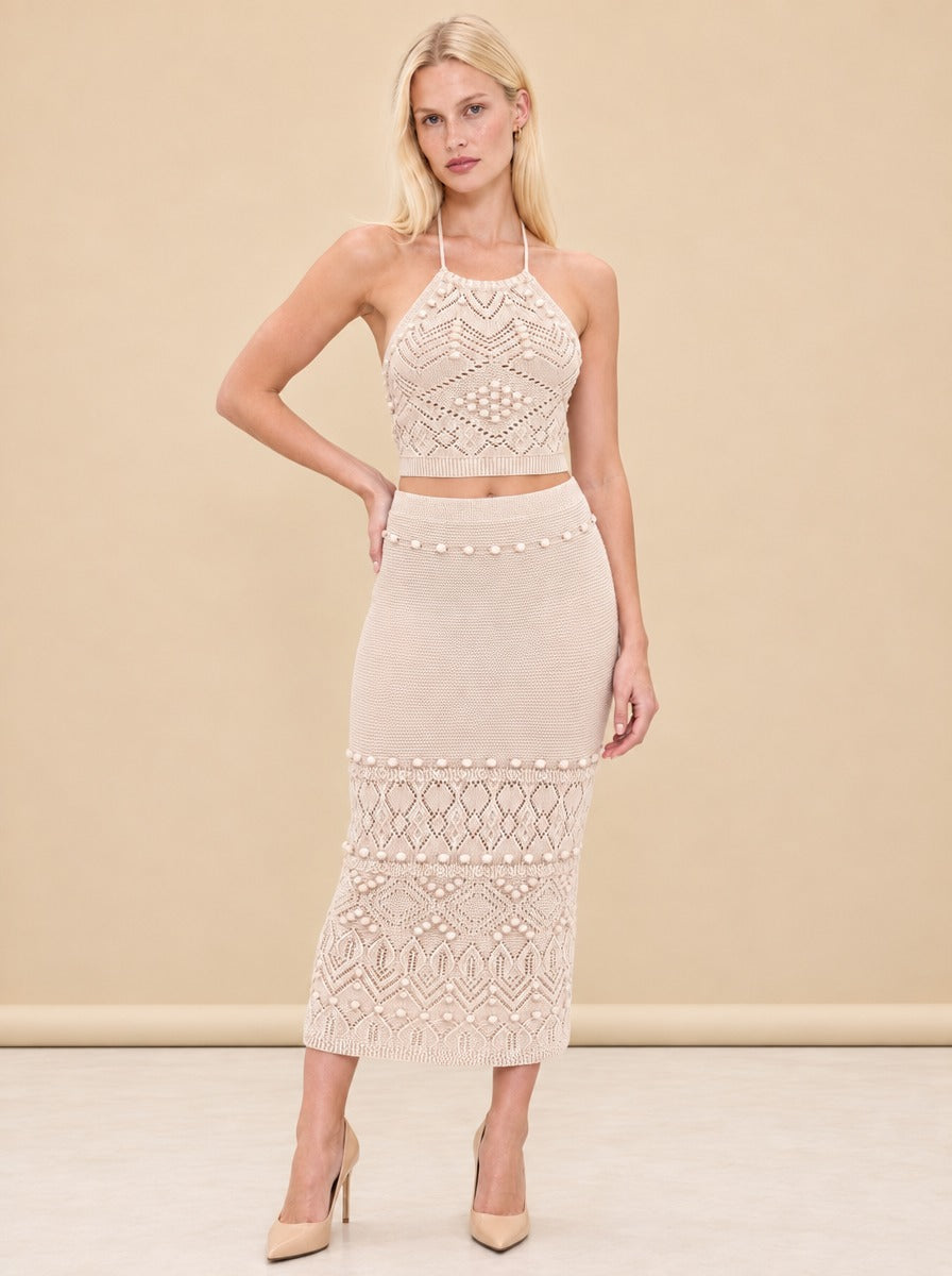 INTERMIX Cream Crochet Halter Top & Midi Skirt Set model_front_3
