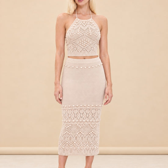 INTERMIX Cream Crochet Halter Top & Midi Skirt Set model_front