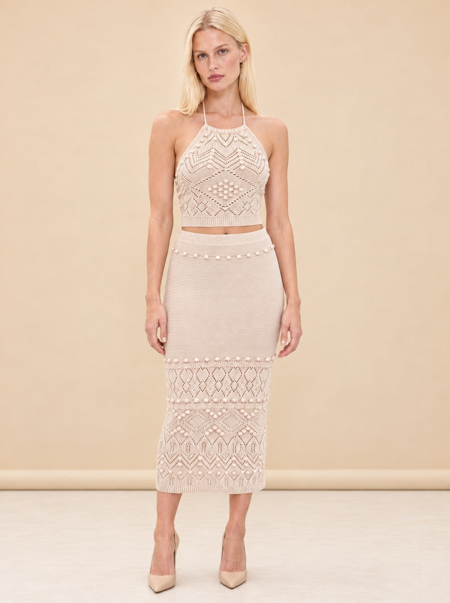 INTERMIX Cream Crochet Halter Top & Midi Skirt Set model_front