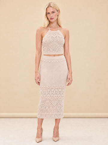 INTERMIX Cream Crochet Halter Top & Midi Skirt Set model_front
