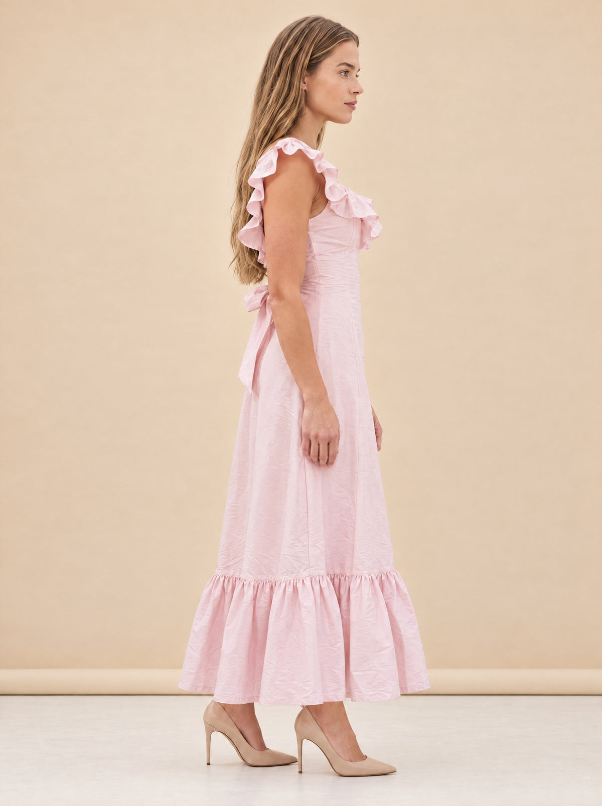 The Camille Dress in Powder Pink model_side