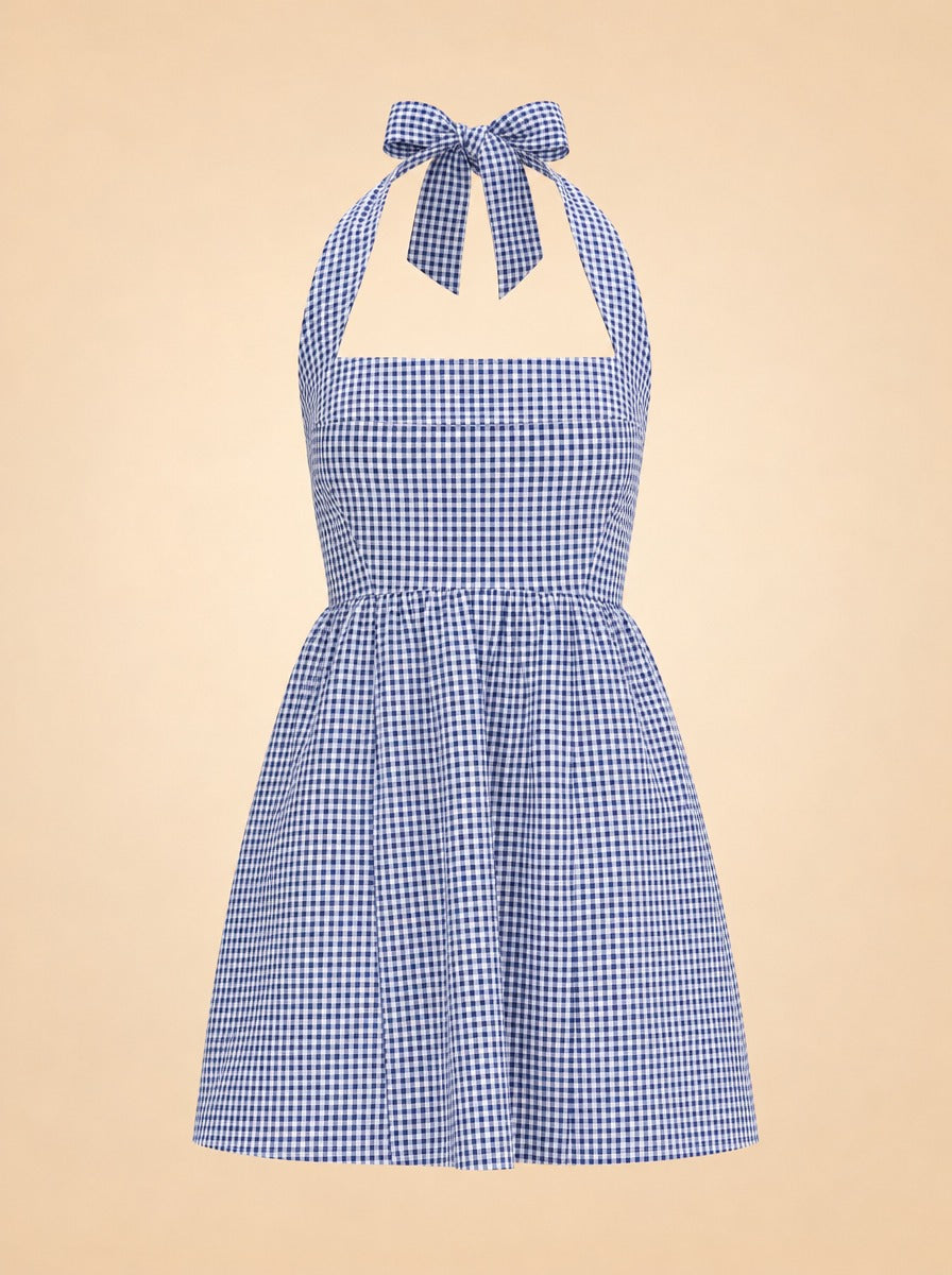 The Fleur Mini Dress - Navy Gingham ghost_front
