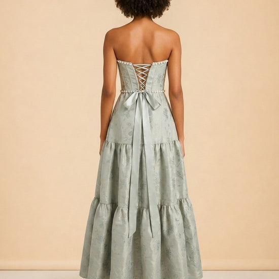 THE VIVIAN DRESS IN SAGE WINDSOR BROCADE model_back