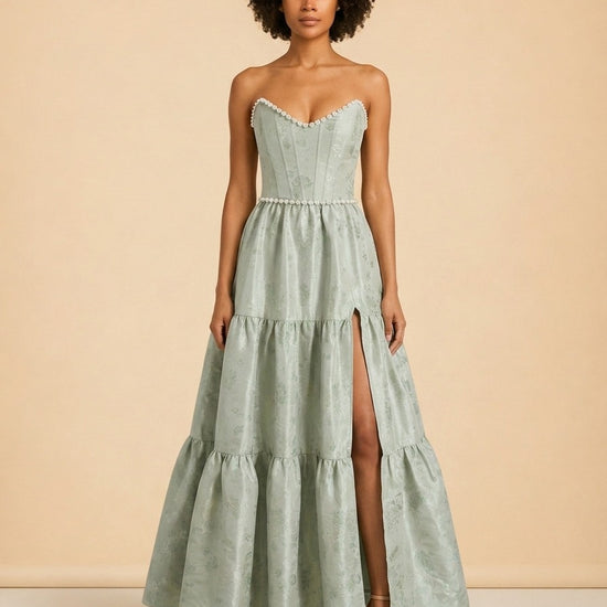 THE VIVIAN DRESS IN SAGE WINDSOR BROCADE model_front